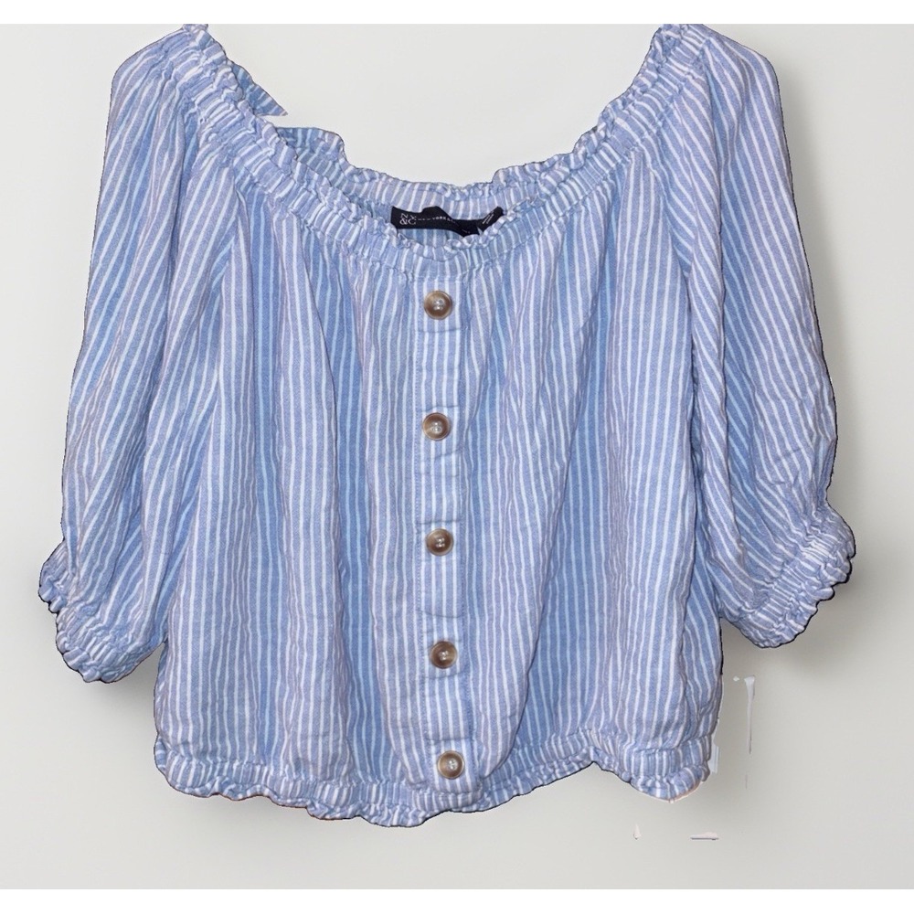 NY & Co Women's M Coastal Cowgirl Cropped Stripe linen Blend Shirt